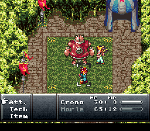 Battle against Gato at the fair, with Crono's Att./Tech/Item menu open and the HP/MP status bar