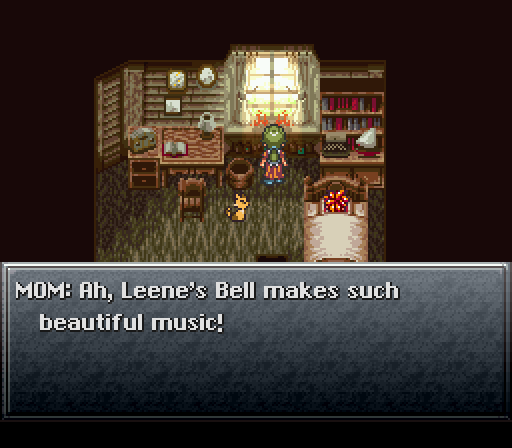 Crono's bedroom in the morning: Mom at the open window, Crono in bed, and Mom's first line of dialogue in a text box