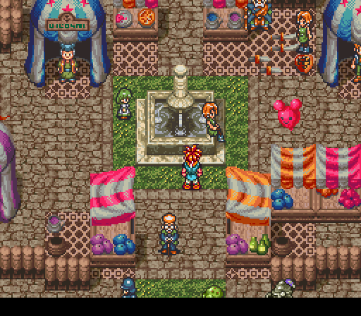 Crono standing by the fountain in Leene Square, between market stalls, tents and fairgoers