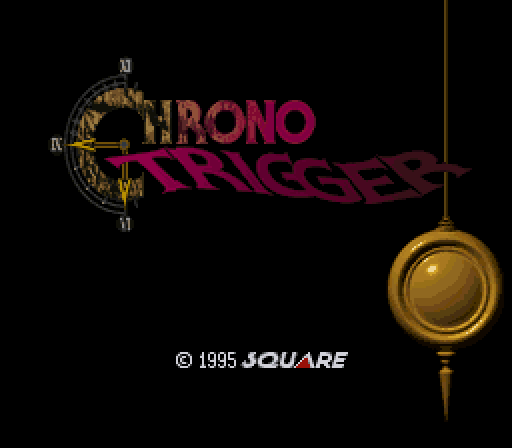The Chrono Trigger title screen: the clock-face logo, the pendulum and the 1995 Square credit